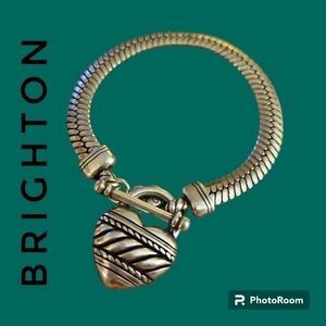 VTG BRIGHTON Silver Plated Heart Charm Herringbone Toggle Bracelet